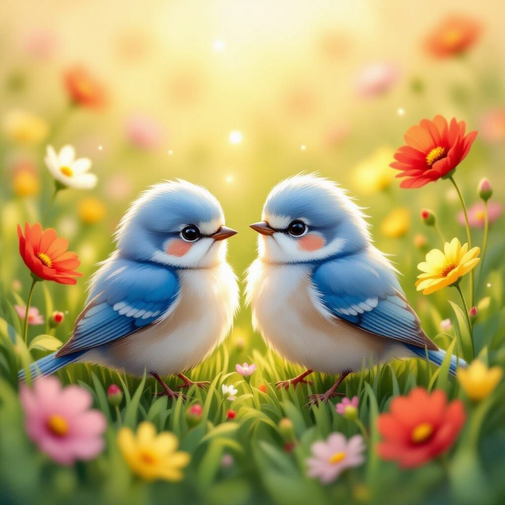 Two Small Birds in a Floral Meadow, Storybook Art