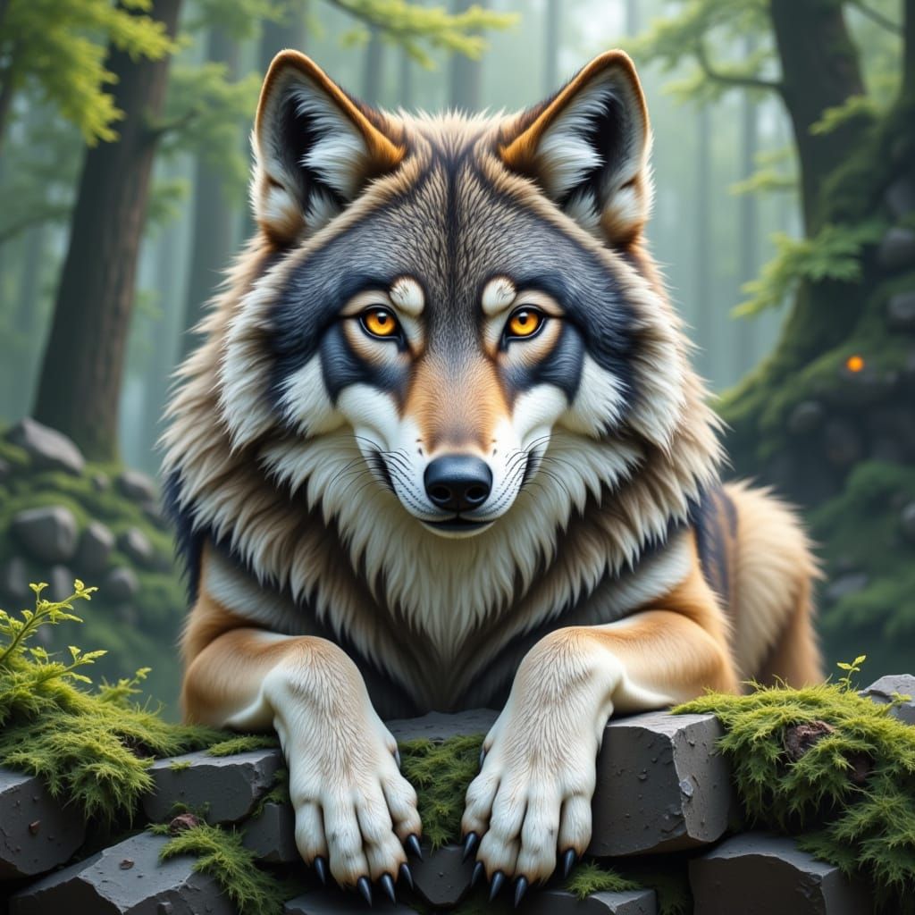 Hyperrealistic Wise Old Wolf in Mystical Forest