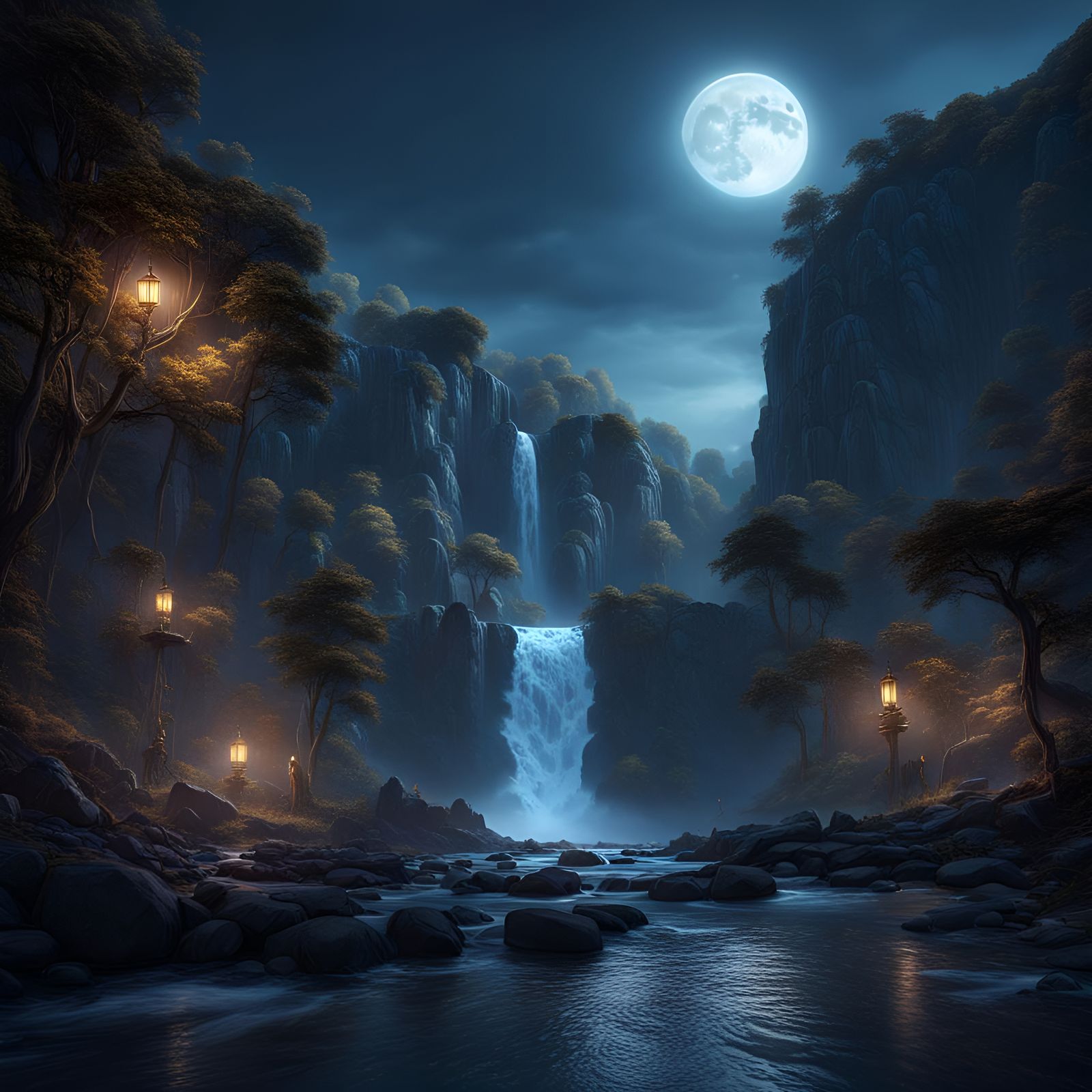 Moonlit River and Waterfall in Detailed Matte Painting