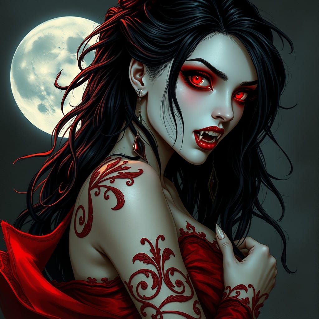 Ethereal Vampire Goddess in Crimson Gown