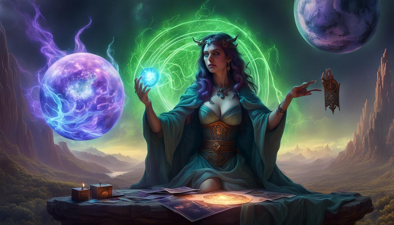 Sorceress Conjuring Magic with Tarot Cards