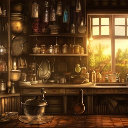 Friendly Witch's Kitchen with Potion Ingredients