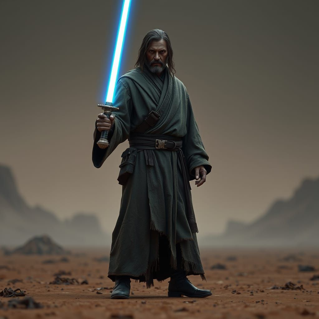 Jedi Ronin on Cyberpunk Wasteland, Metallic Aesthetic