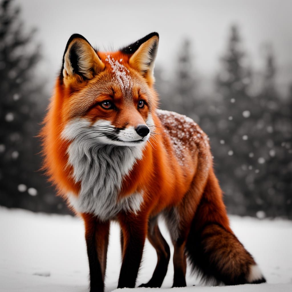 Red Fox in Snowy Landscape: Monochrome with Orange Accent