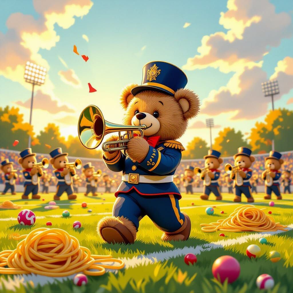 Teddy Bear Band Plays Trombone Amidst Giant Spaghetti and Ca...