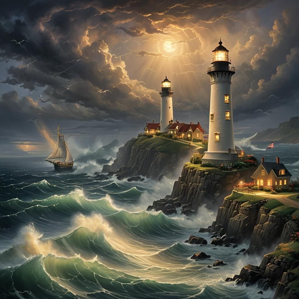 Lighthouse in Stormy Night, Ethereal Fantasy Scene