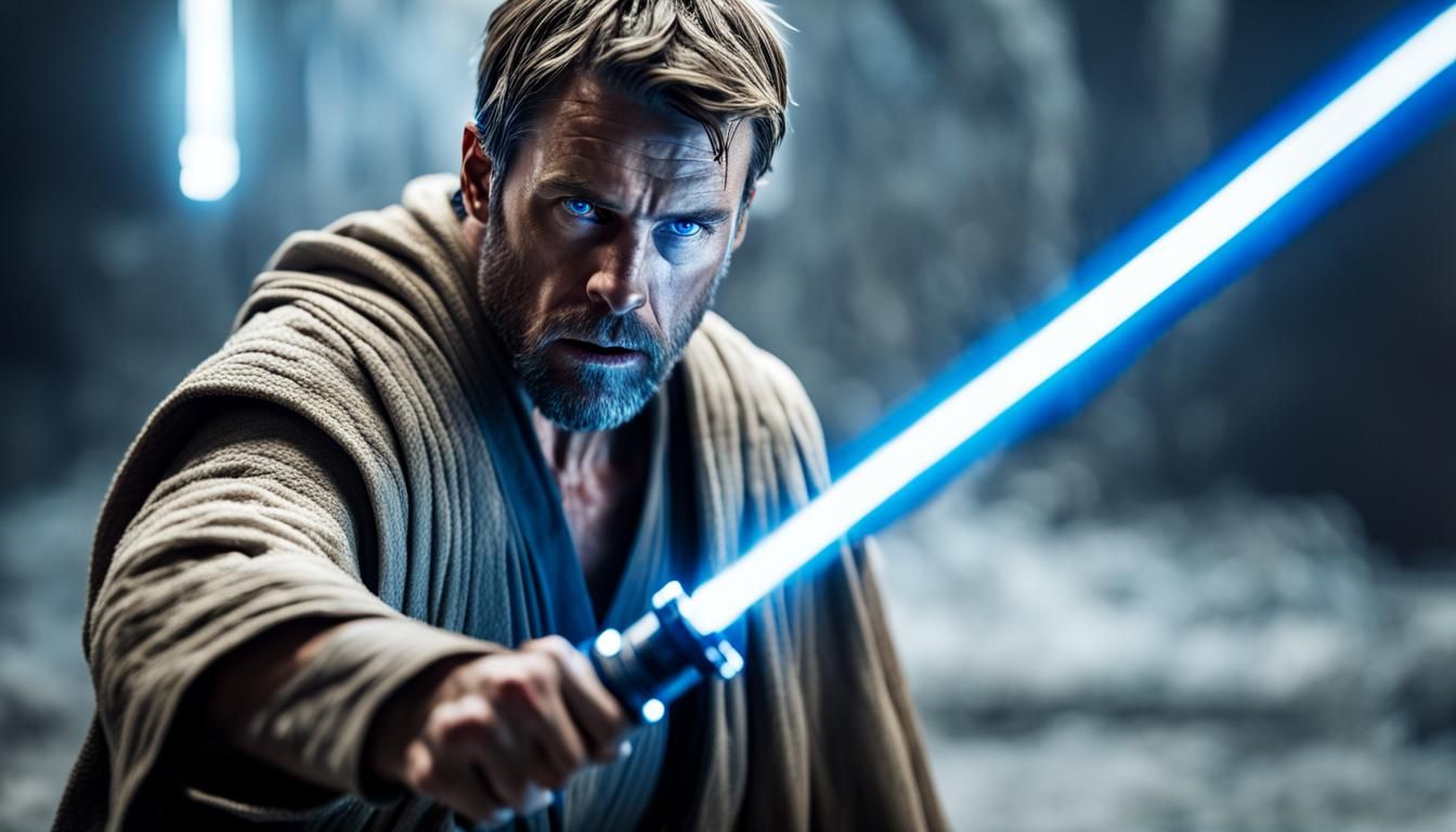 Jedi Knight Wields Lightsaber in Cinematic Attack Pose