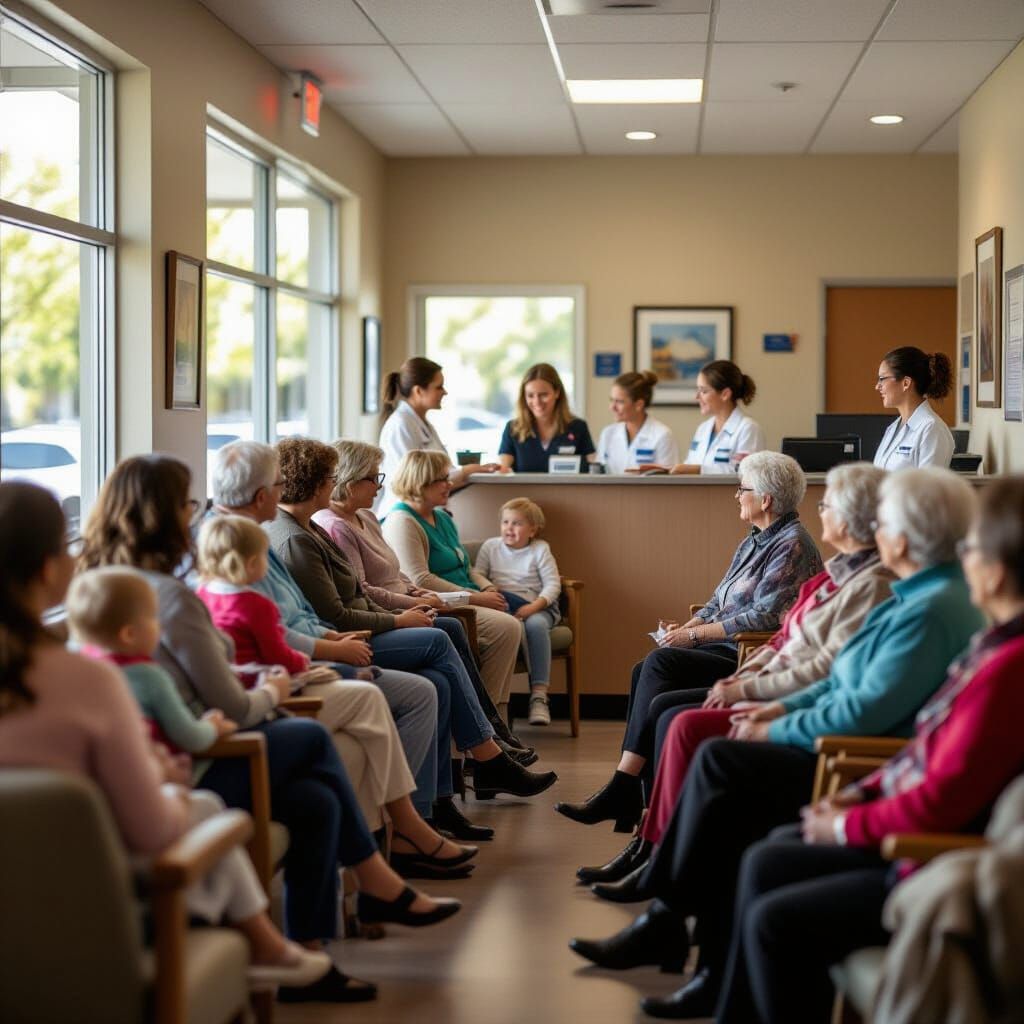 Bustling General Practice Waiting Room with Diverse Patients