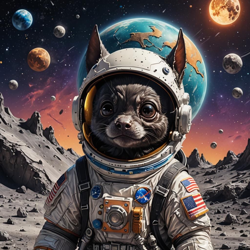 Astronaut Bat on the Moon in Hyperrealistic Style
