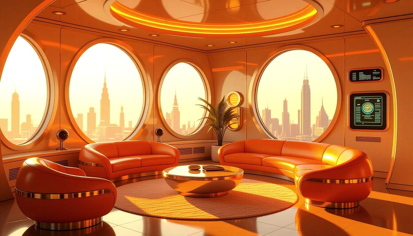 Retro-Futurist Home Interior in Warm Solar Light