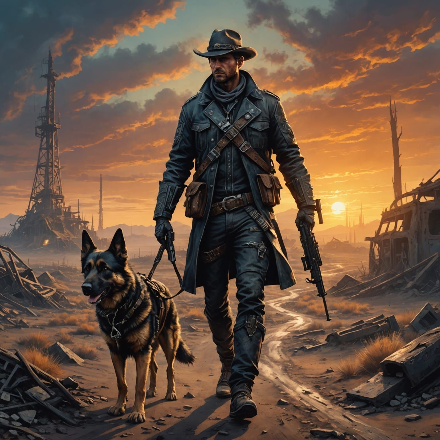 Wasteland Survivor and Dog in Apocalyptic Sunset