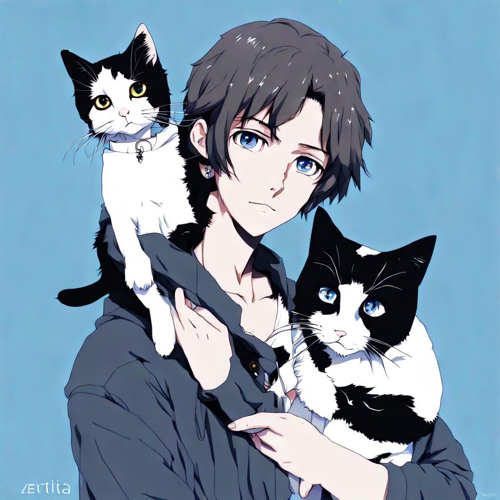 Anime Portrait with Cat and Blue Background
