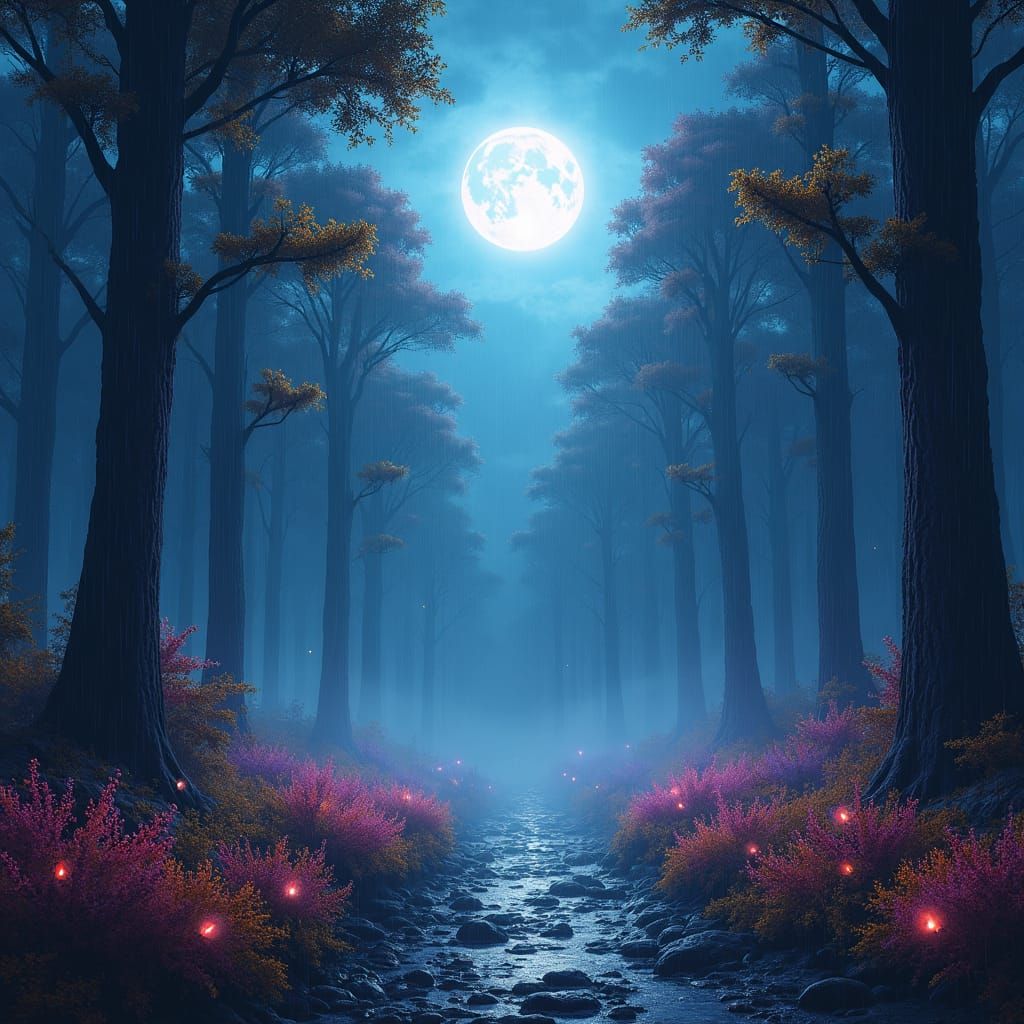 Enchanted Moonlit Rain in a Mystical Forest