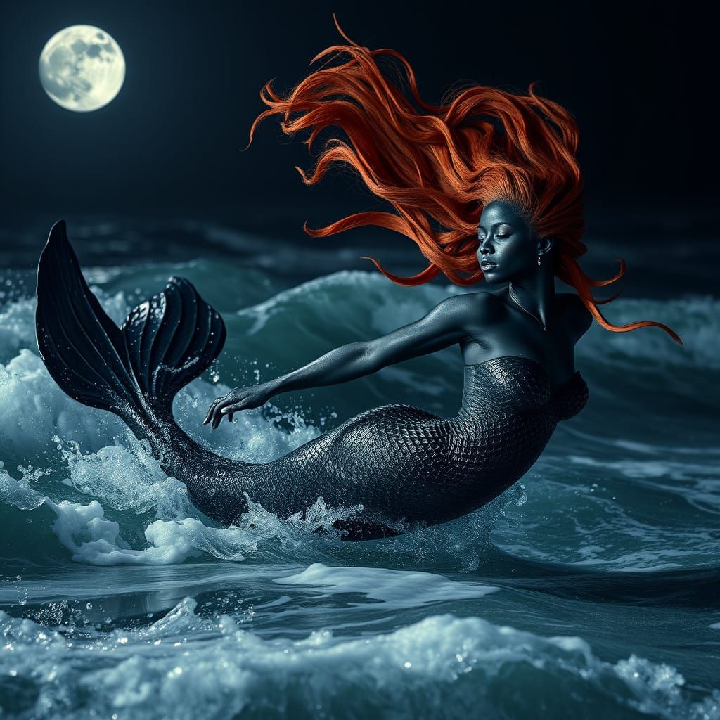 African Queen Mermaid in Moonlit Turbulent Ocean