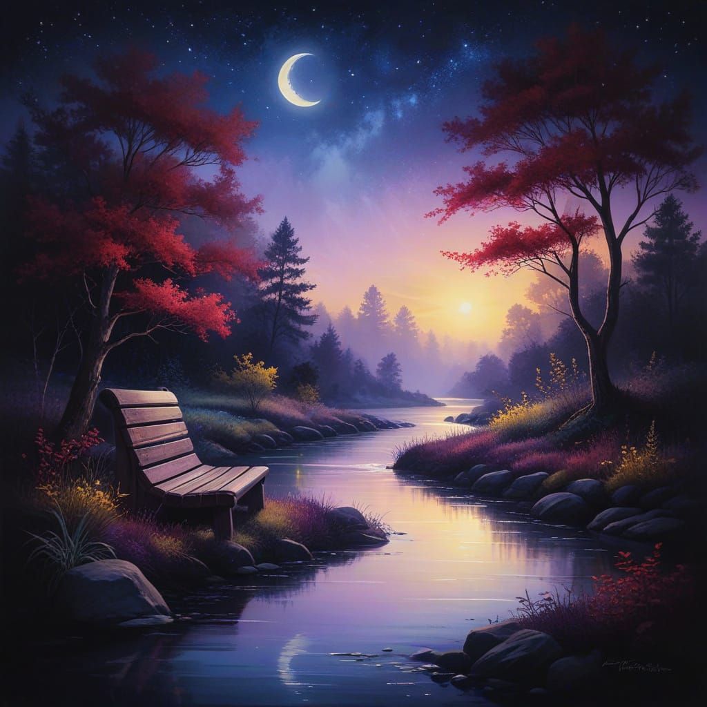 Nighttime River Scene with Wooden Bench in Soft Gradient Sty...