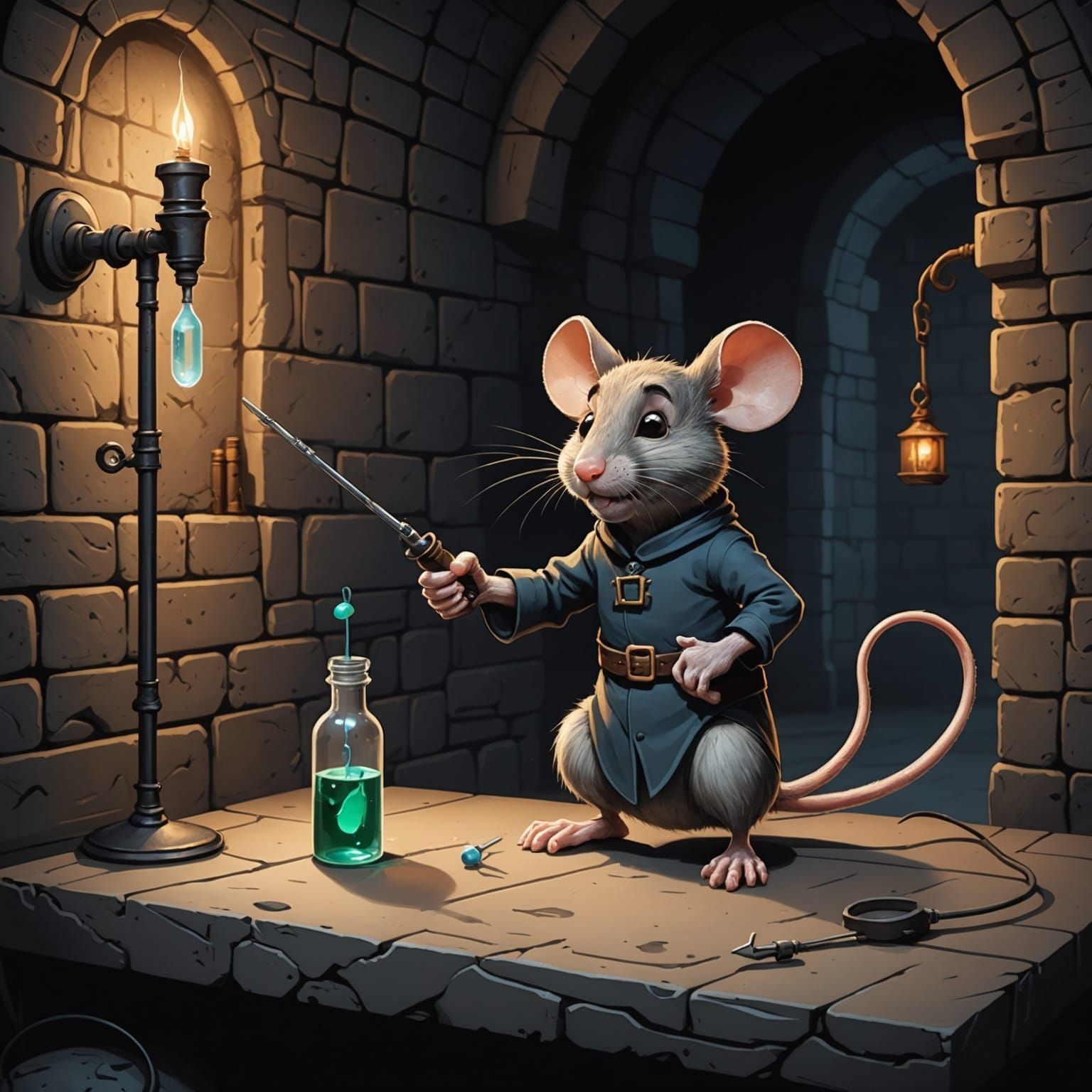 Cartoon lab in castle dungeon. Brave anthropomorphic mouse is on the bench and is the size of a real mouse in proportion...