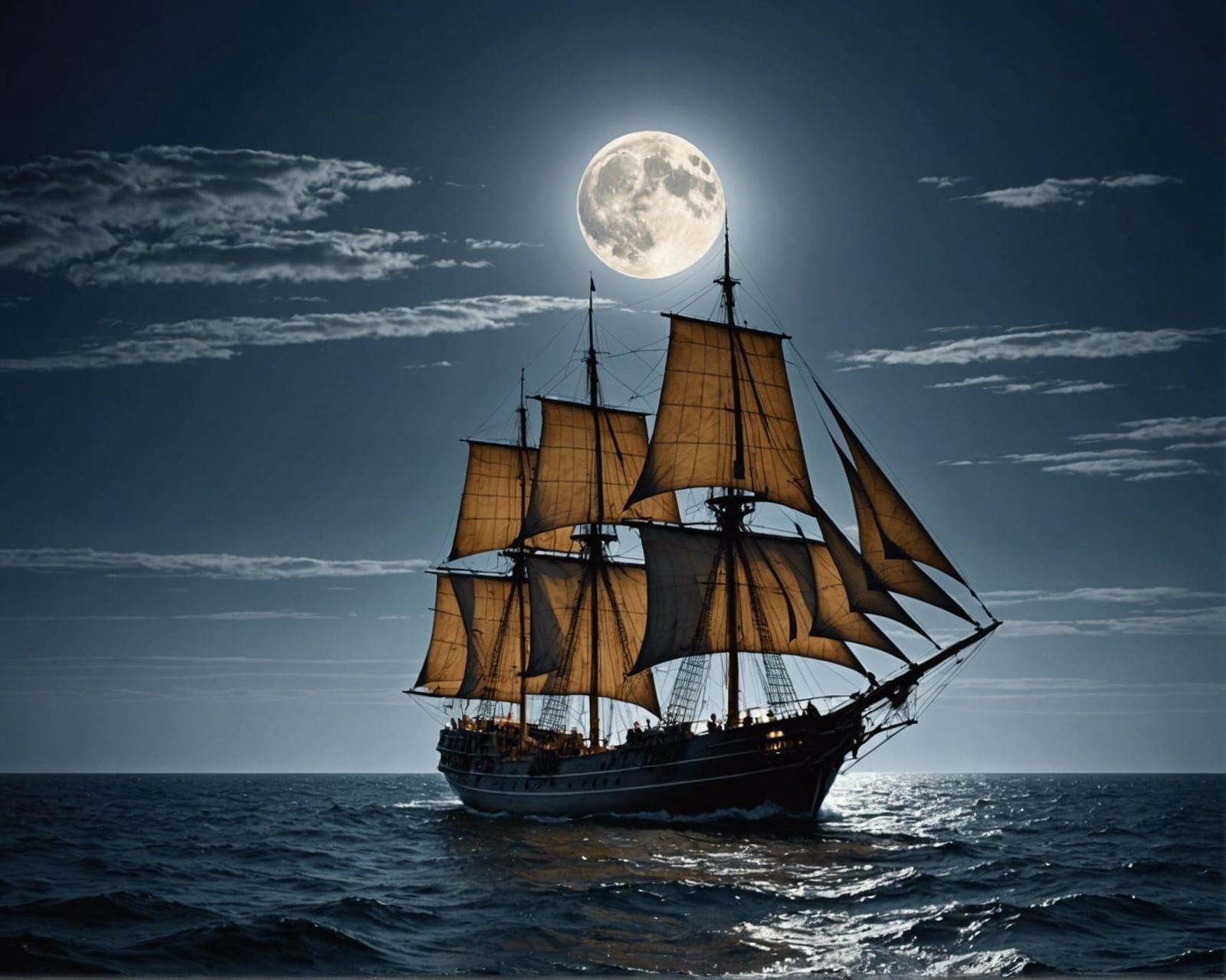 Old Wooden Sail Ship in Moonlight