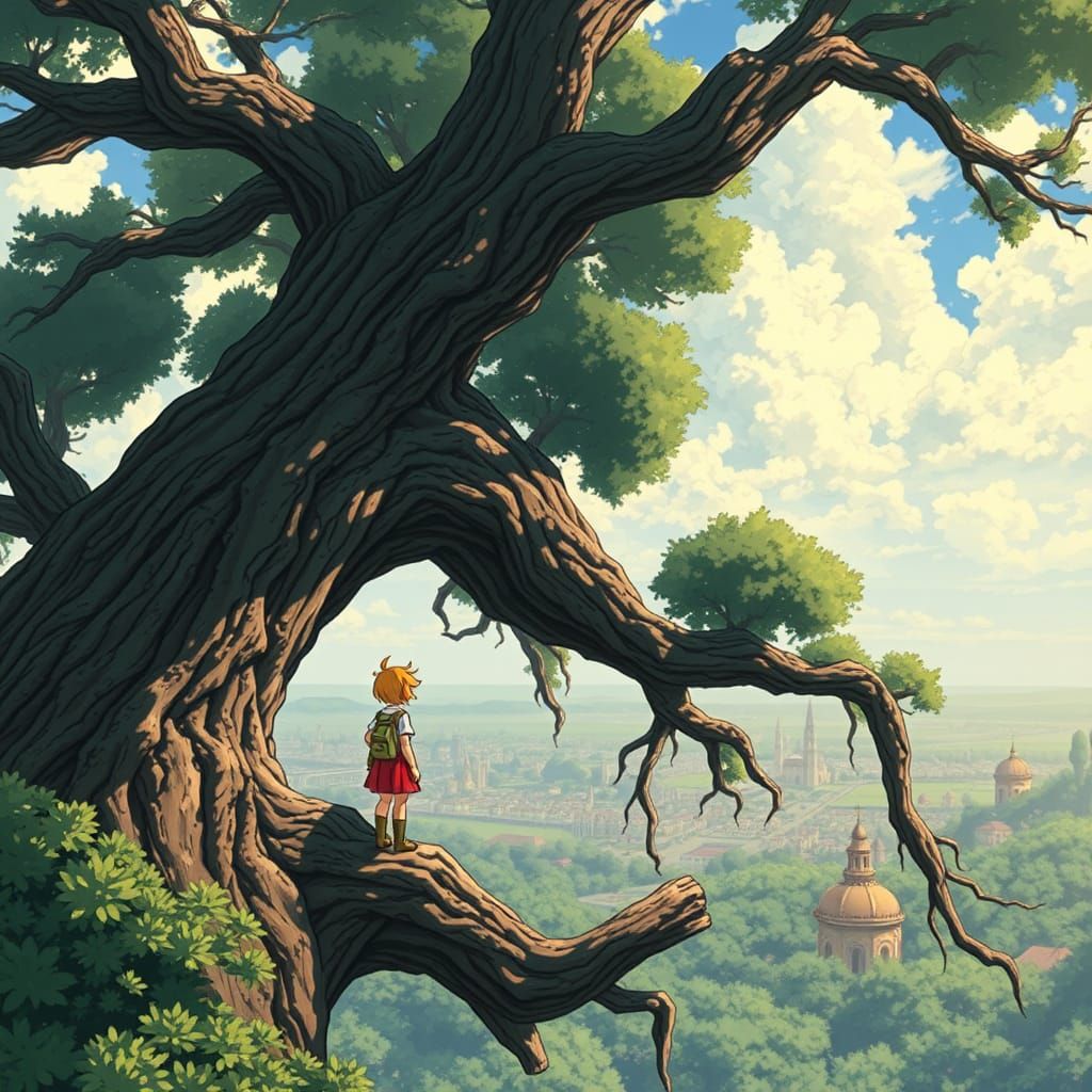 Nausicaa on Ancient Tree Branch in Anime Style