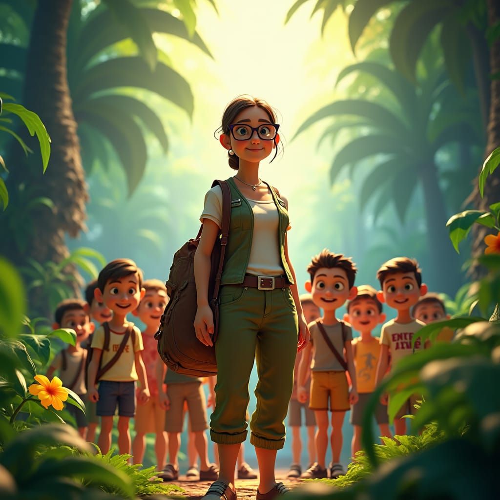 Teacher and Students at Jungle Entrance in 3D Art