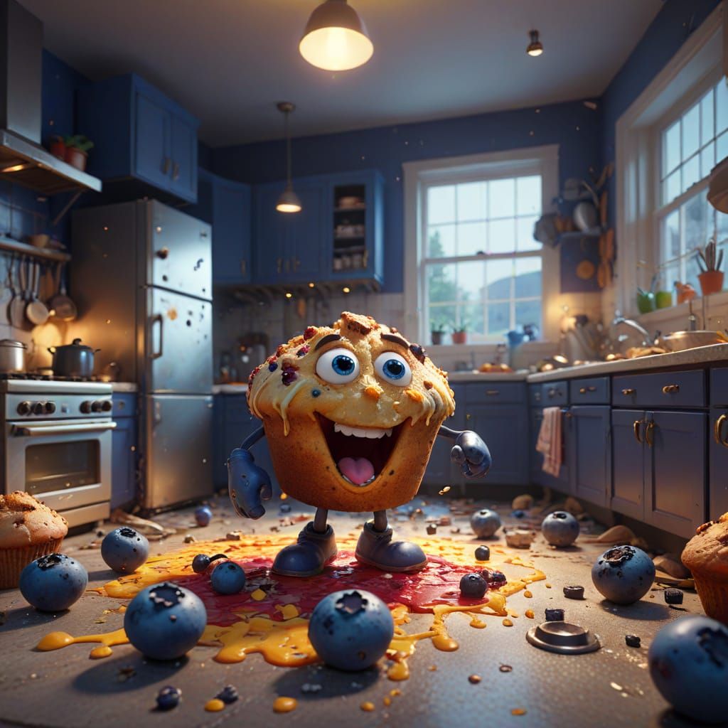 Angry Muffin in Chaotic Kitchen, Pixar-Style 3D Cartoon