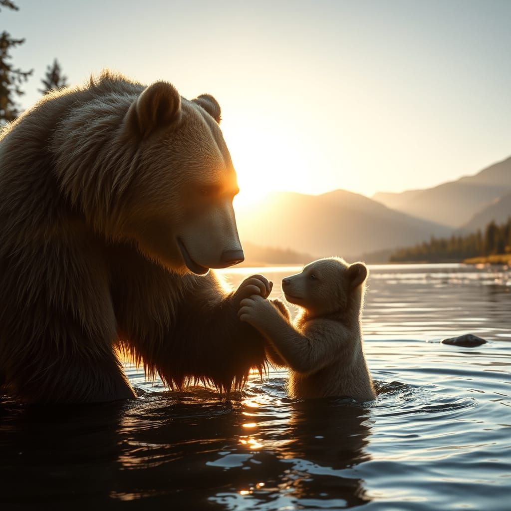 Bear Family Nurturing Scene in Serene River