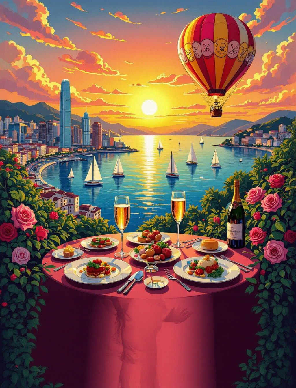 Luxurious Cityscape and Hot Air Balloon Adventure