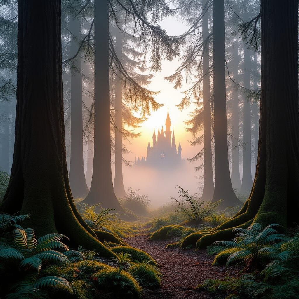 Ethereal Forest Castle at Dawn in Cinematic Realism