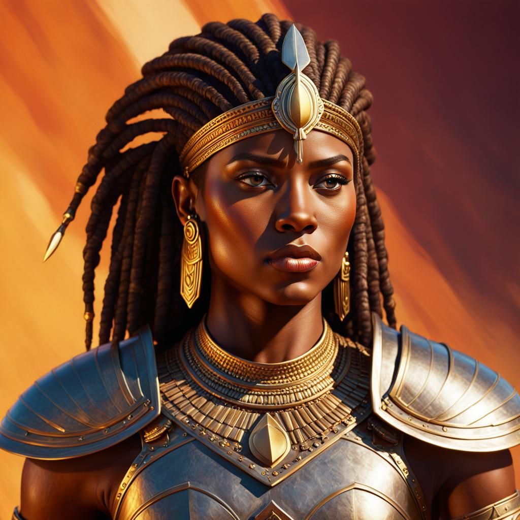 Hyperrealistic Nubian Barbarian Female Warrior in Golden Spl...