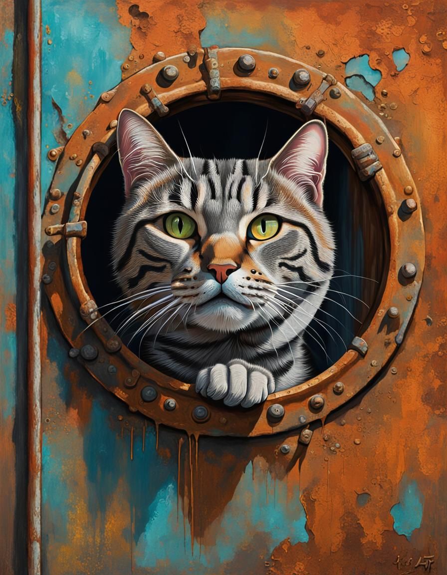 Tabby Cat in Porthole, Tretchikoff Style Portrait