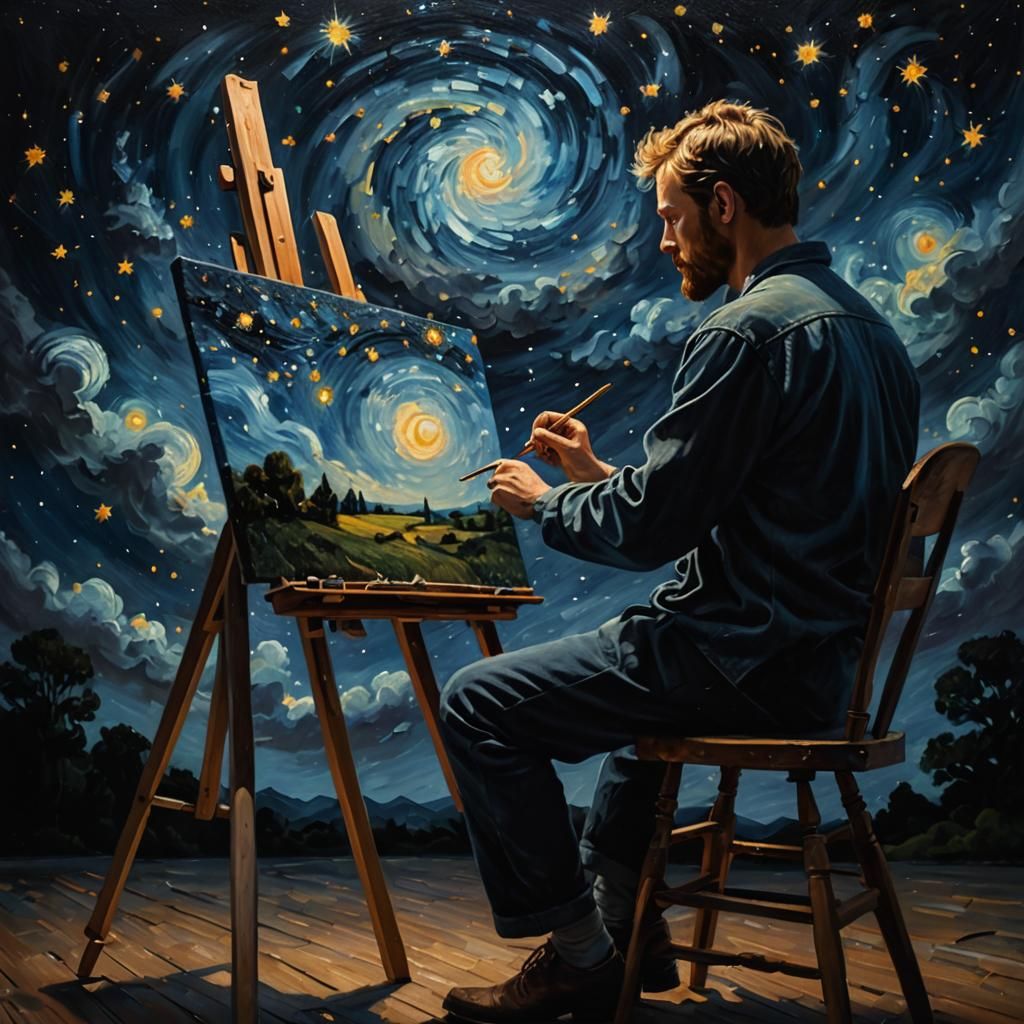 Artist Painting Stars in Oil Painting Style