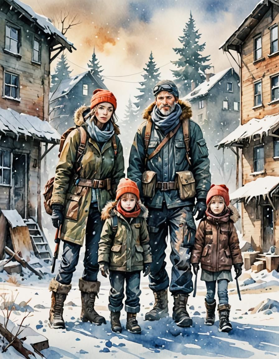 Surreal Watercolor Post-Apocalyptic Family Christmas