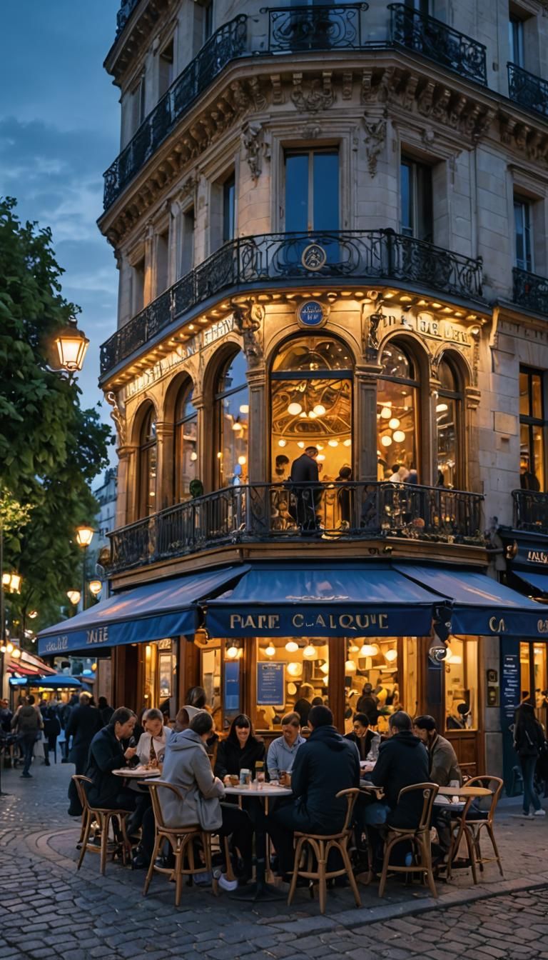 Paris Cafe at Blue Hour with Eiffel Tower