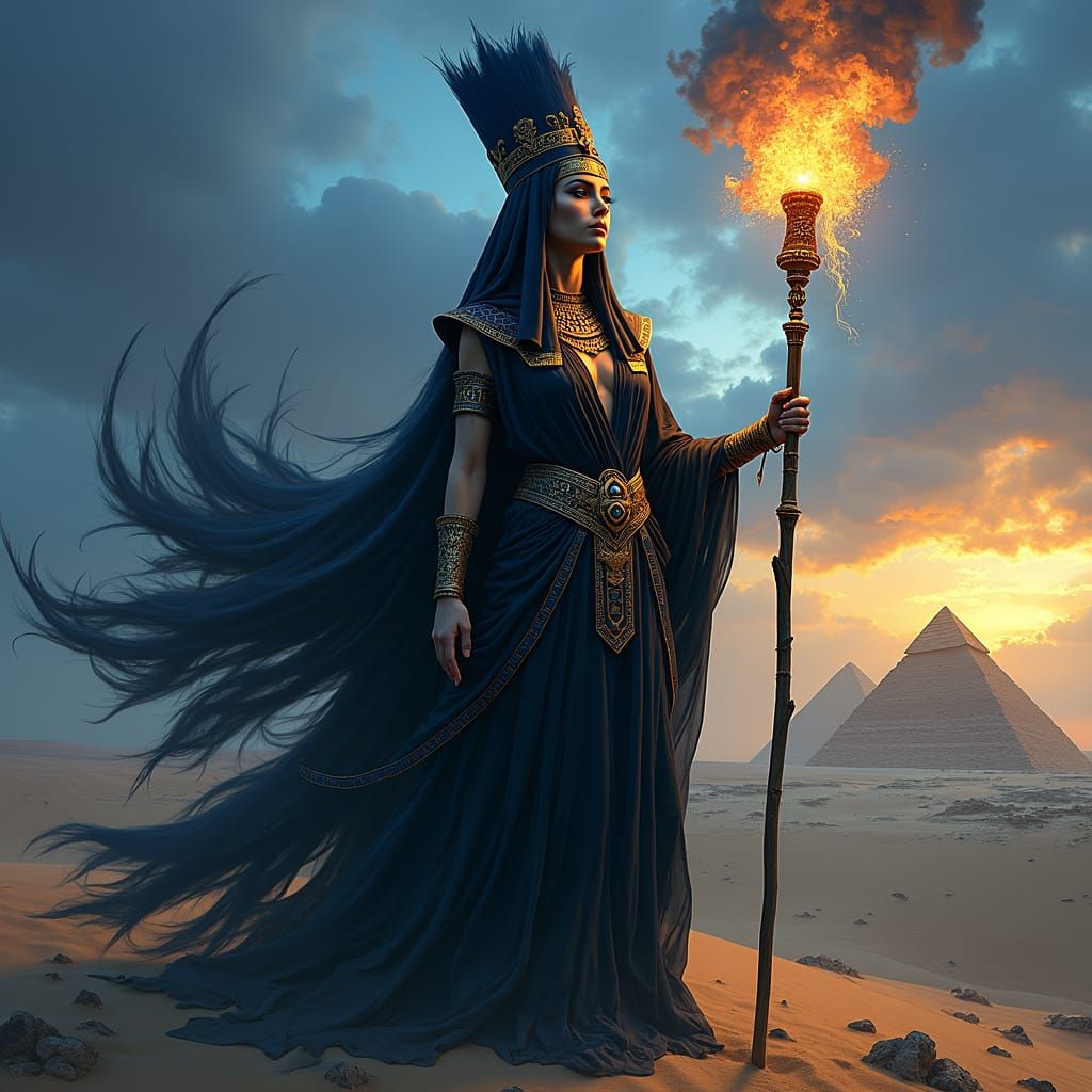 Egyptian Necromancer in Mystical Desert Landscape