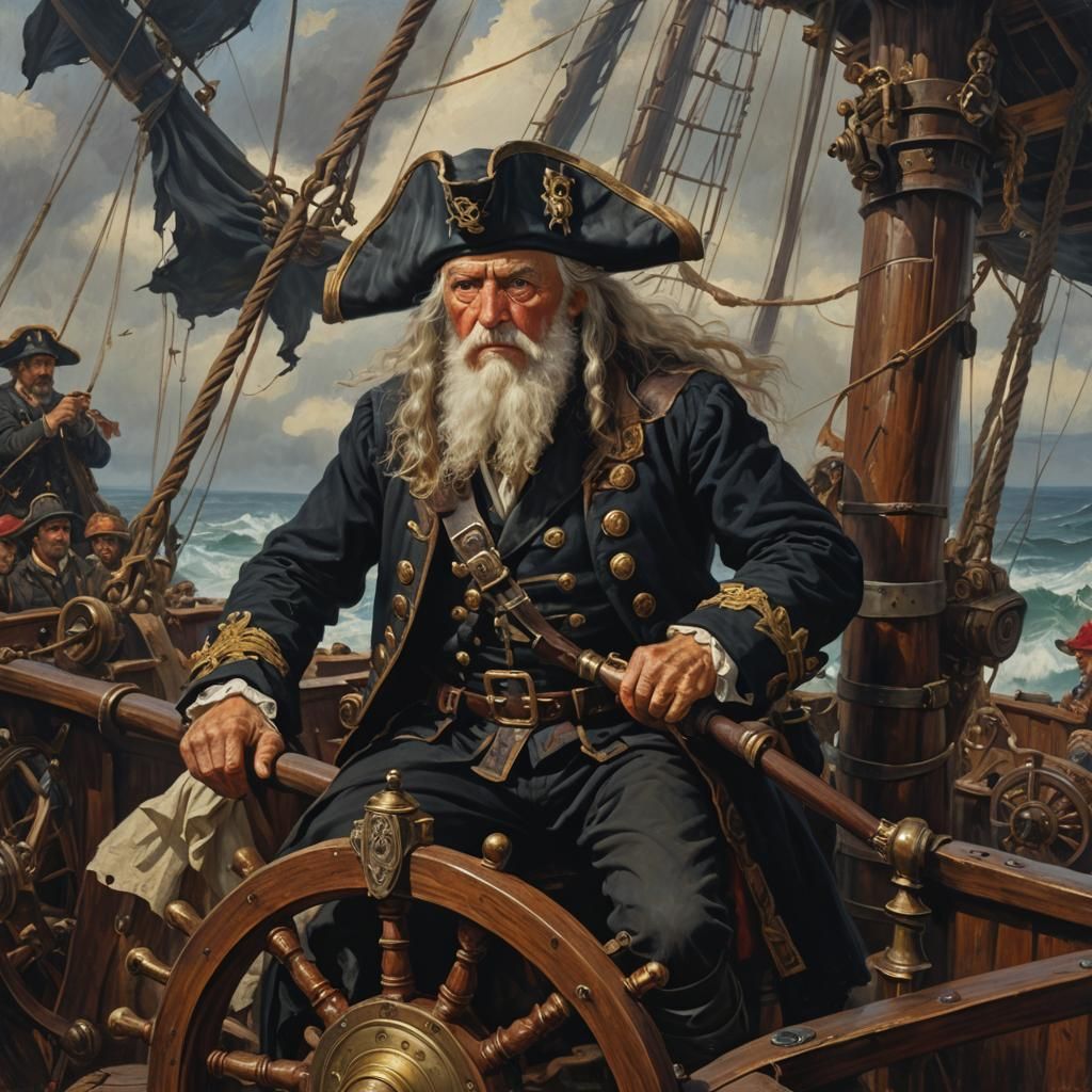 Fearsome Pirate Captain at Helm, Oil Painting
