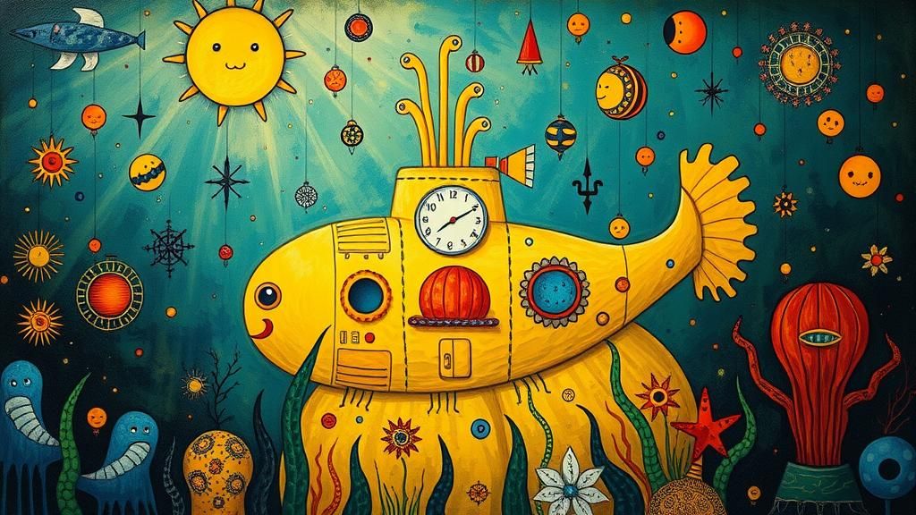 Luminous Yellow Submarine in Surreal Abstract Dreamscape