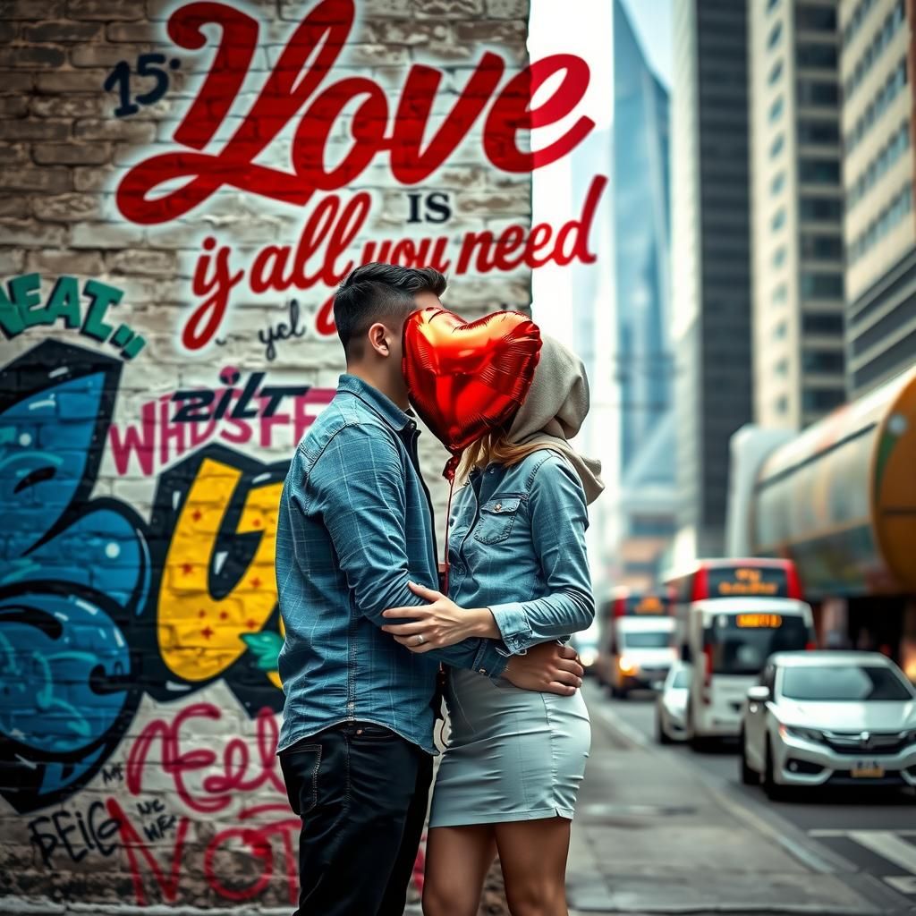 Romantic Kiss in Urban Graffiti Landscape