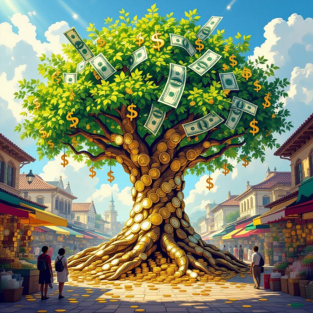 Money Tree in Bustling Marketplace as Vibrant Illustration