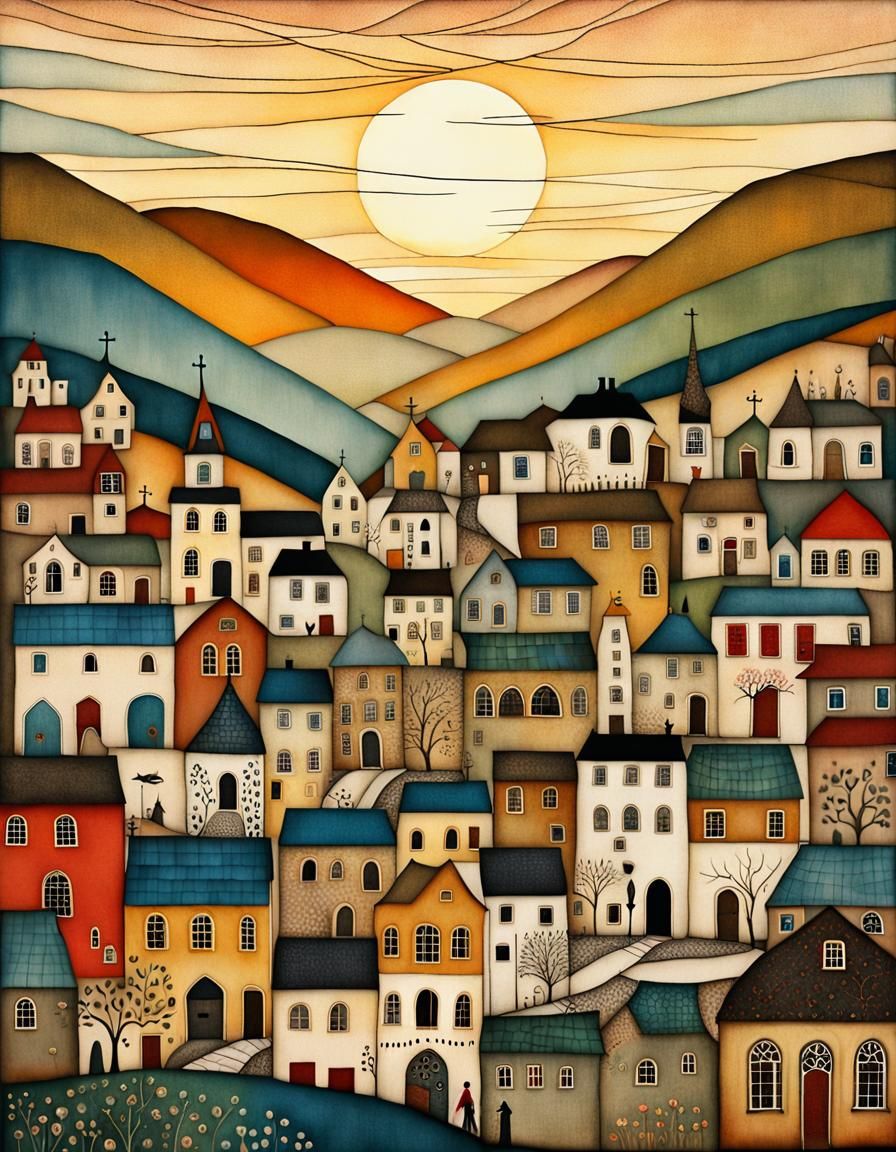 Mountain Village Sunrise in Folk Art Style