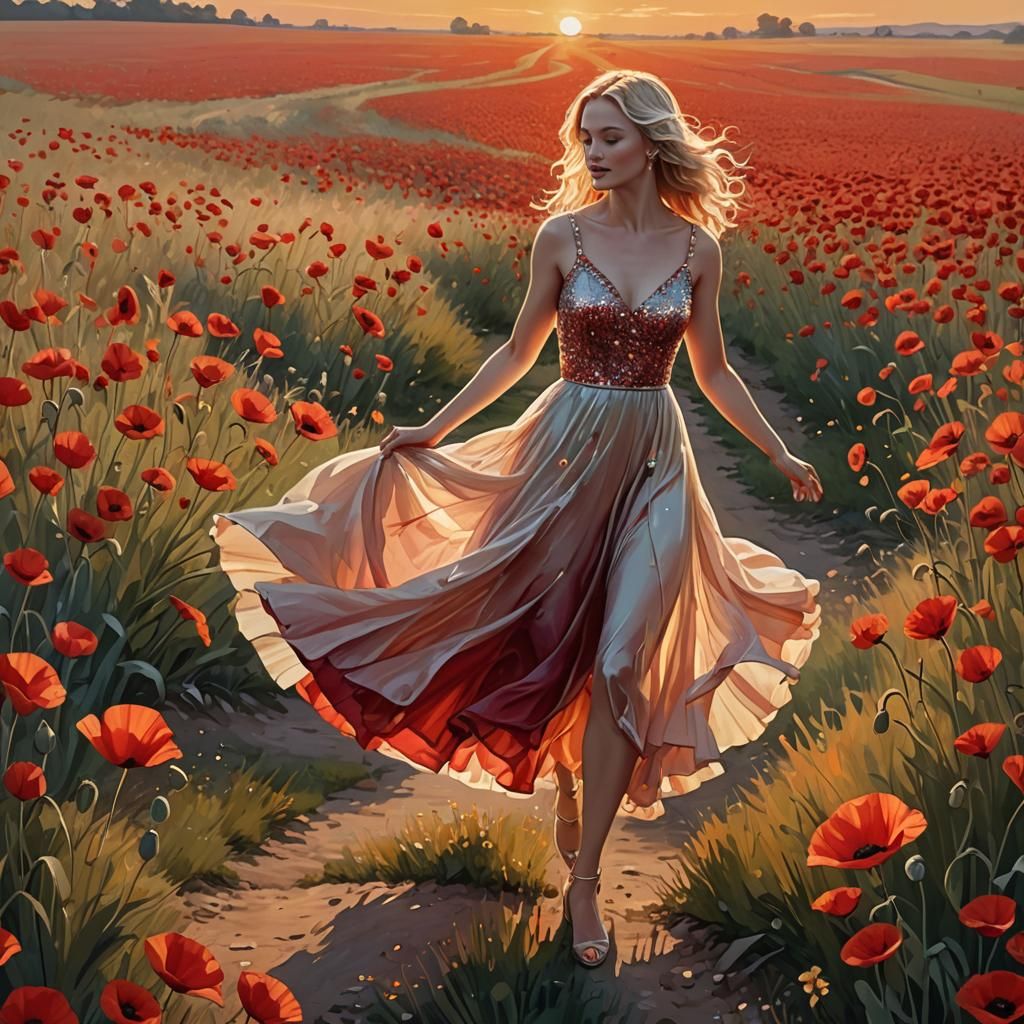 Golden Wheat Field with Ruby Poppies and Dancing Woman