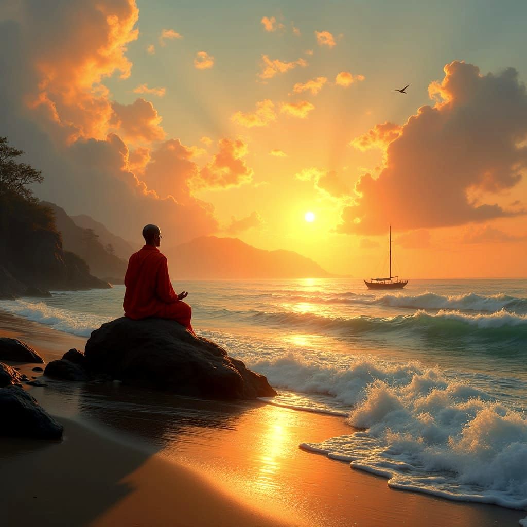 Mystic Sunrise: Swan and Meditating Monk by the Sea