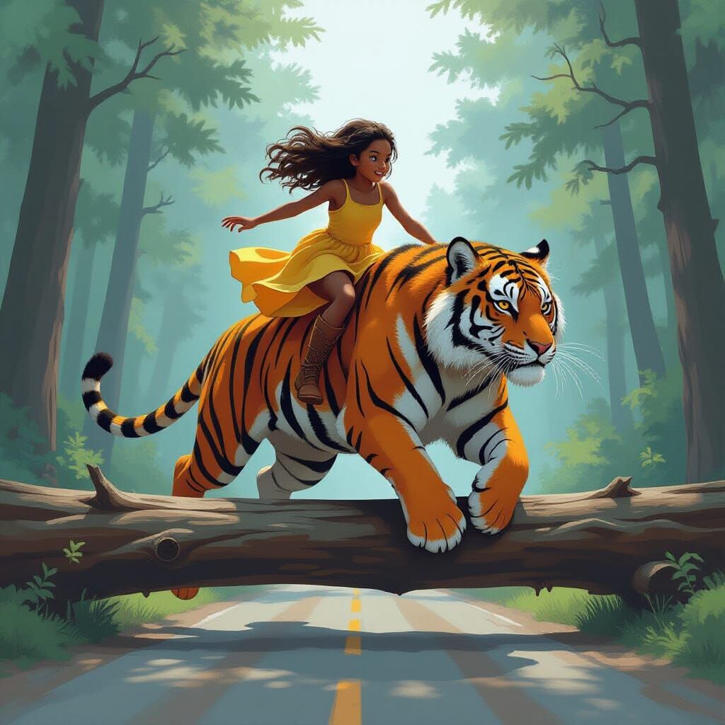 Girl Rides Tiger Through Misty Forest, Digital Art
