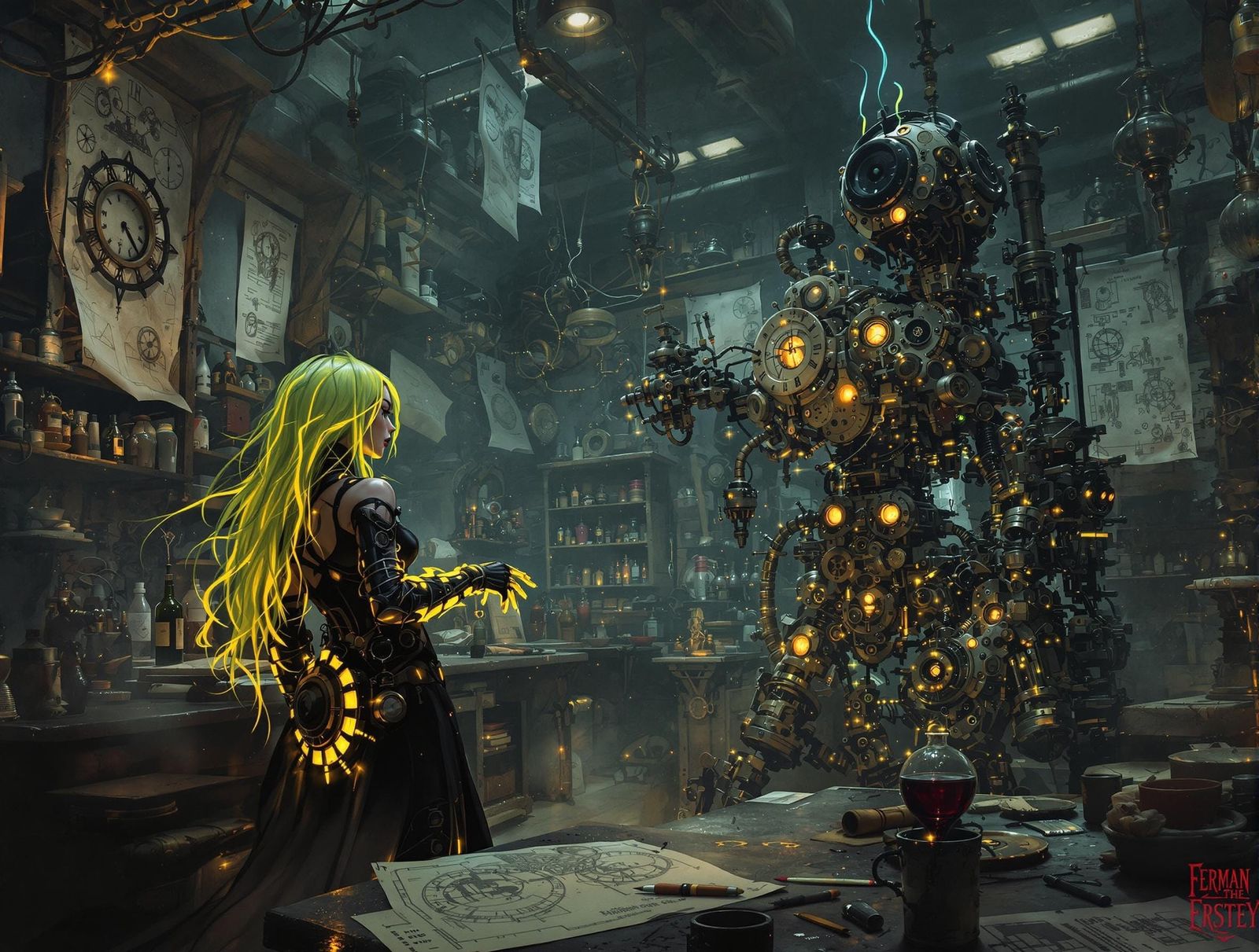 Gothic Artificer in Steampunk Workshop with Automatons