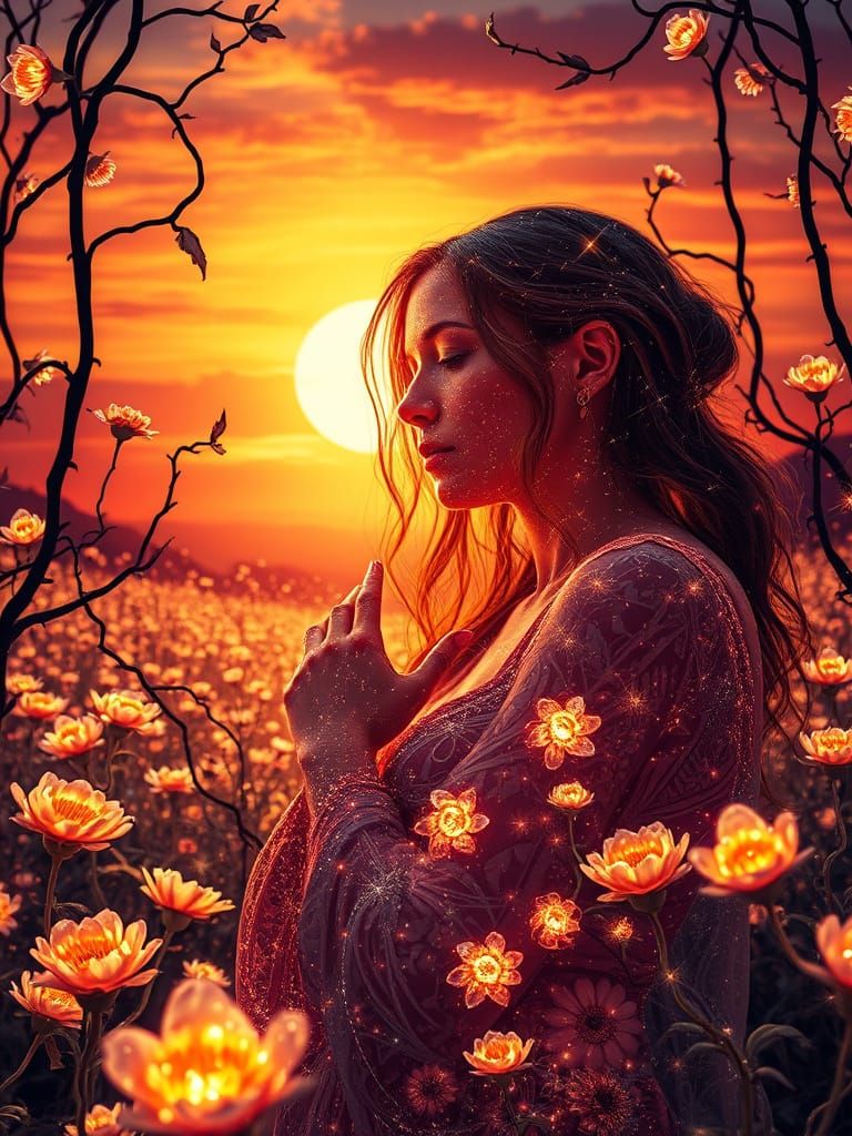 Mother in Dreamlike Labyrinth of Light and Color