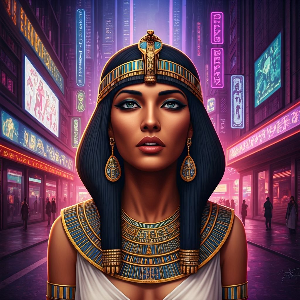 Egyptian Woman in Cyberpunk Cityscape