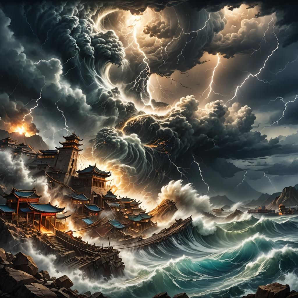 Chaotic Port Scene with Tornado and Tsunami
