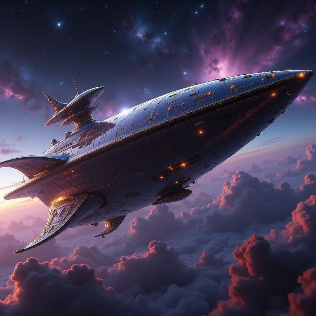 Futuristic Titanium Spaceship Navigating Cosmic Vista