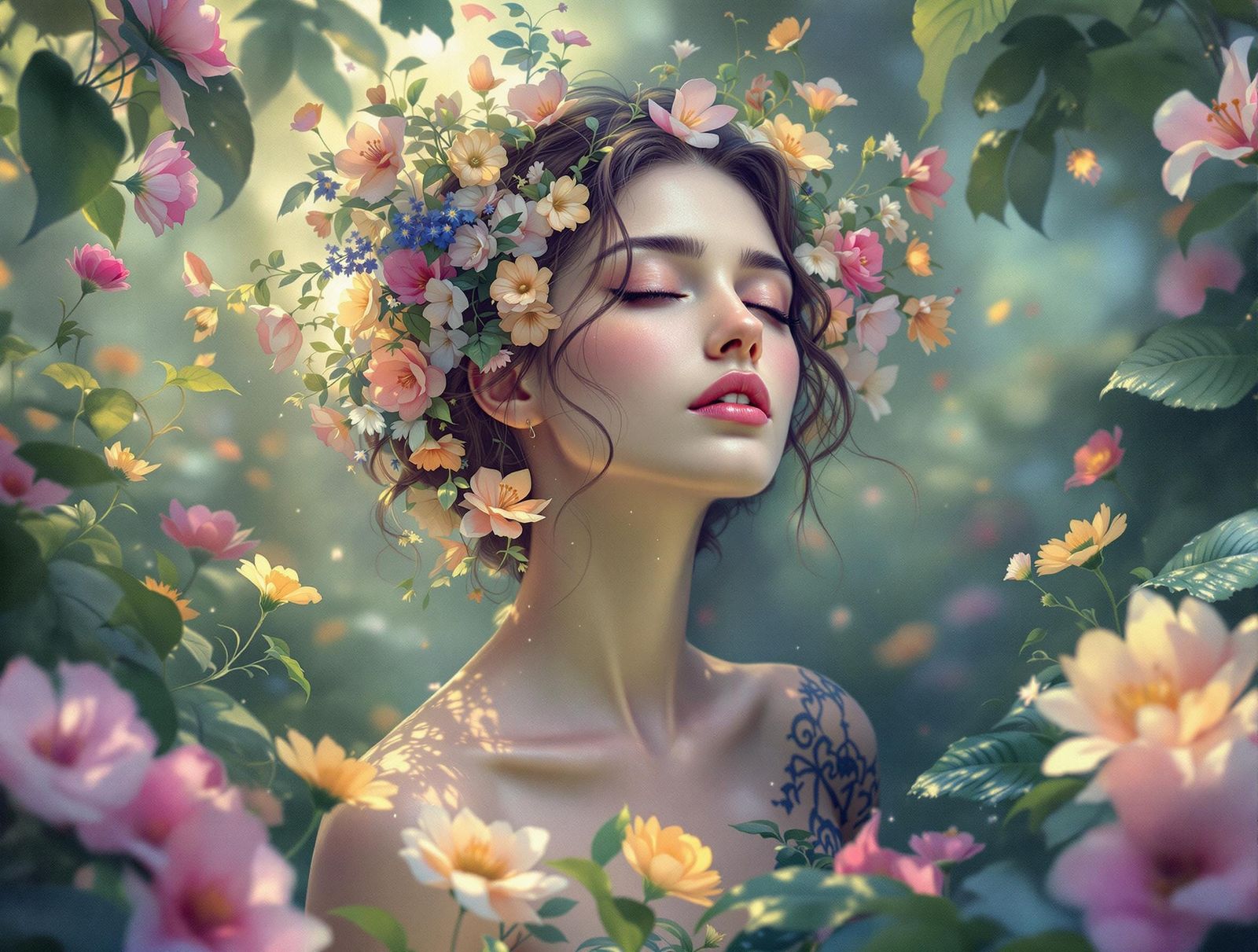 Ethereal Goddess in Vibrant Floral Realm
