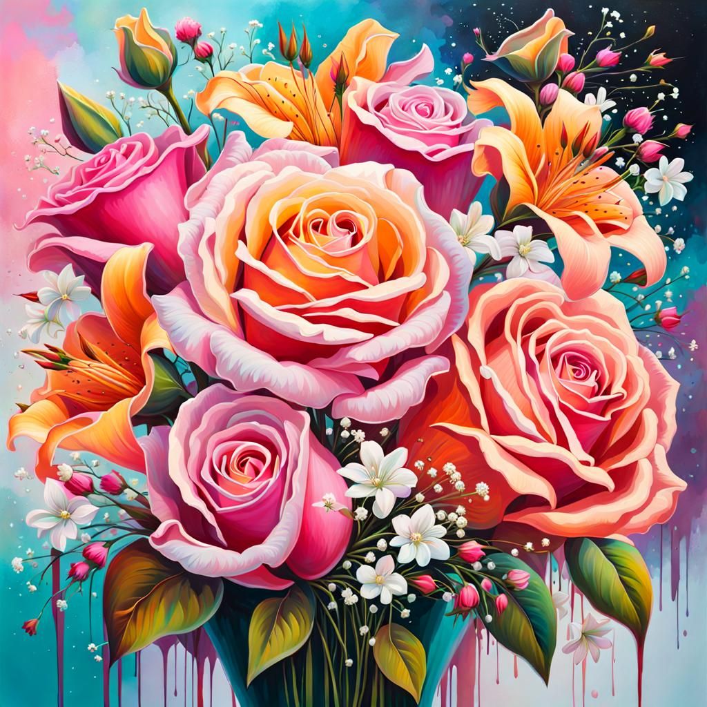 Vibrant Flower Bouquet in Graffiti Art Style