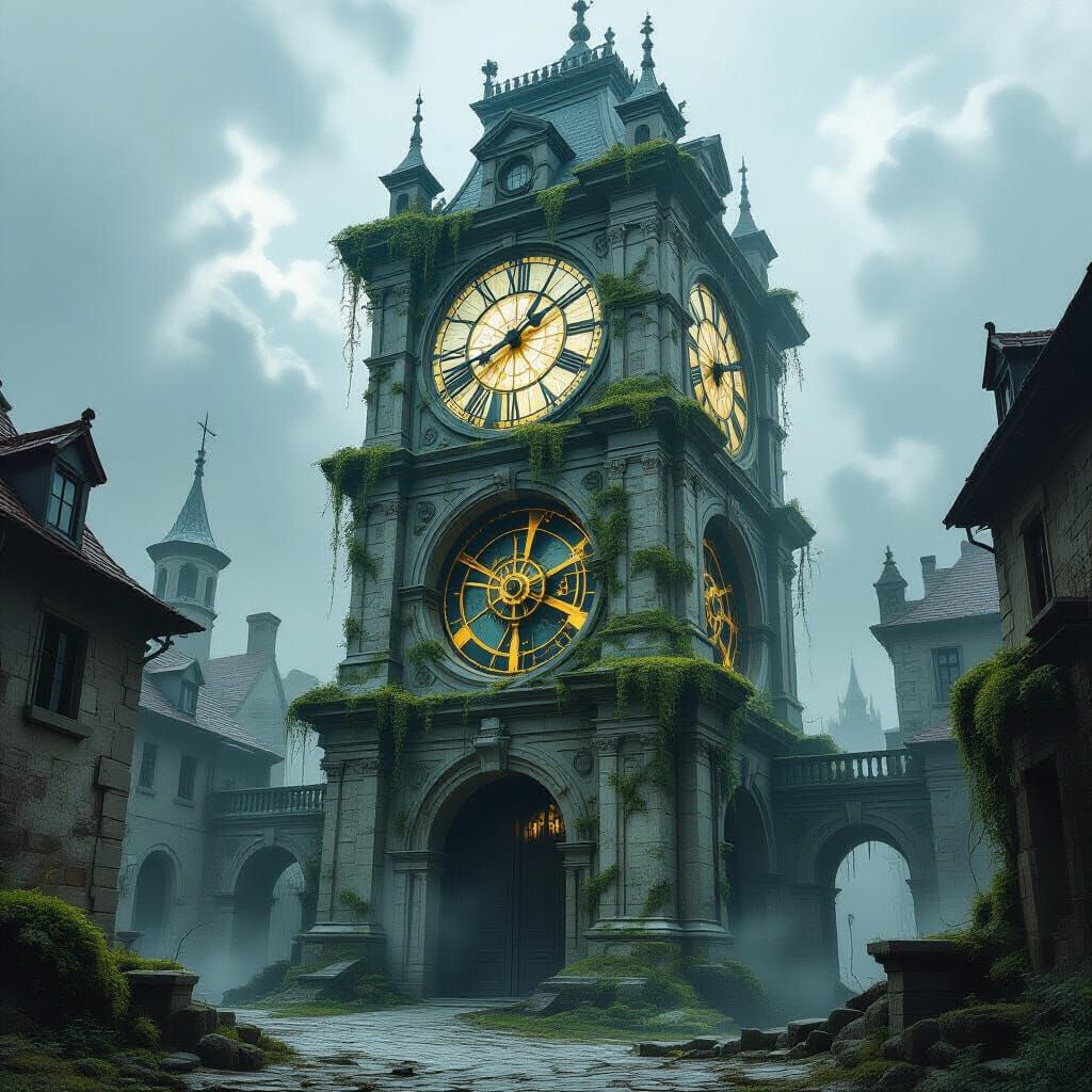 Colossal Clock Tower in Forgotten City with Ethereal Light