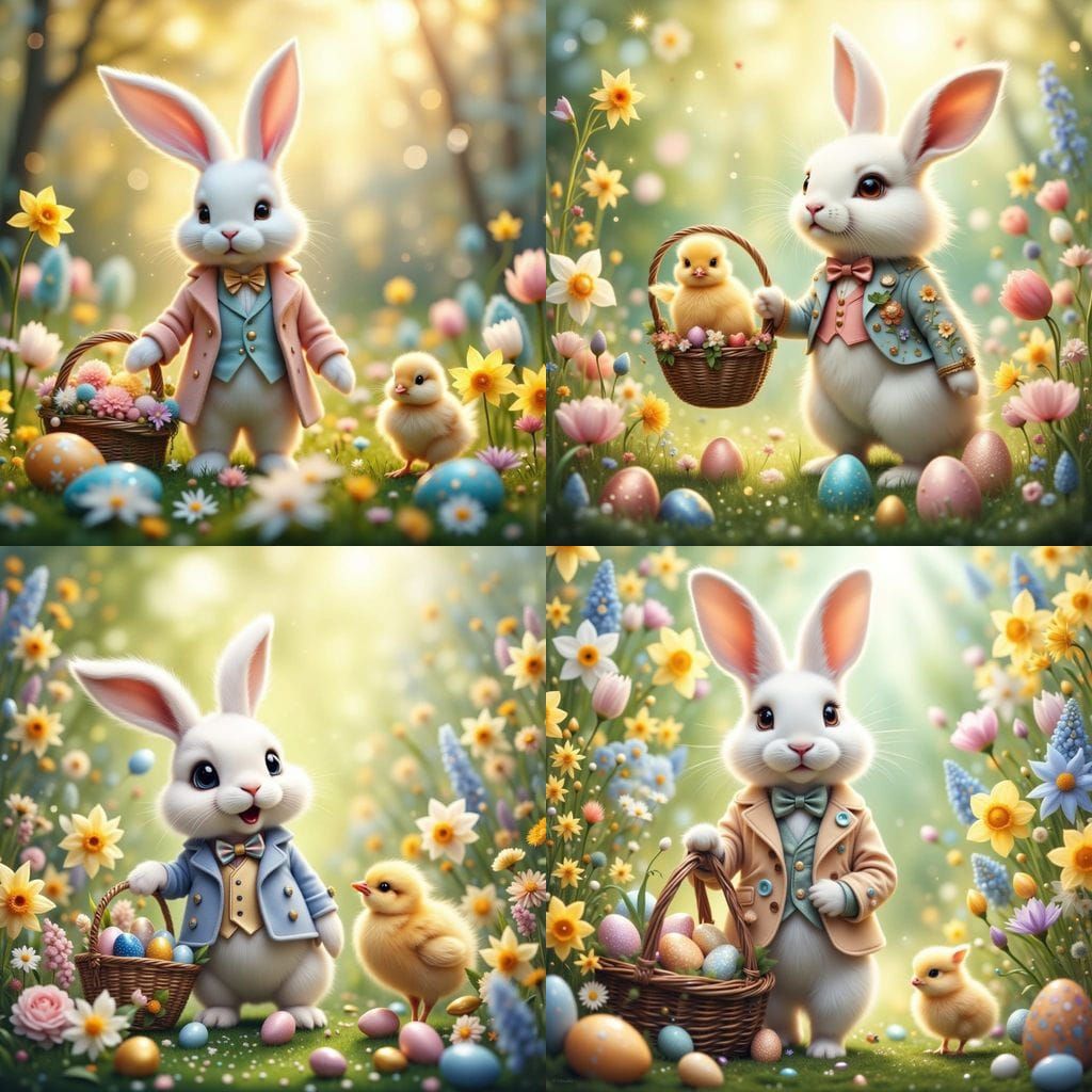Pastel Wonderland: Happy Easter Rabbit with Chick and Flower...